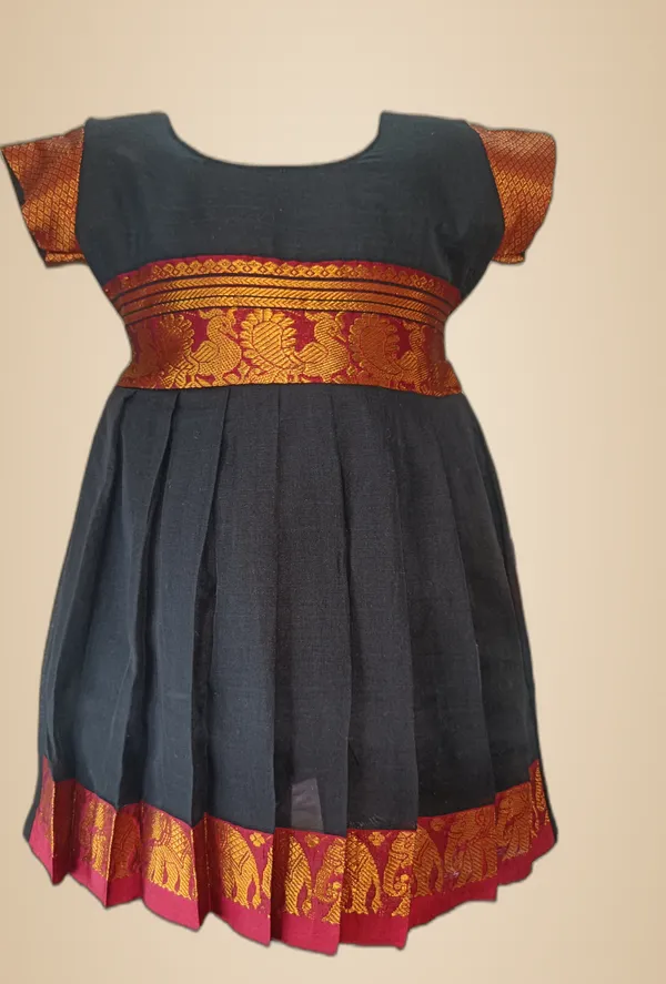 Black_Cotton_Silk_Short_Sleeve_Round_Neck_Fit_And_Flare_Dress_For_Girls