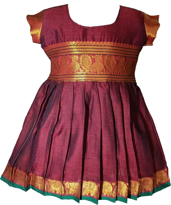 Maroon_Cotton_Silk_Short_Sleeve_Round_Neck_Fit_And_Flare_Dress_For_Girls