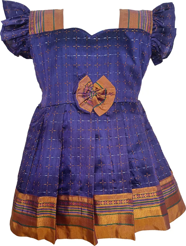 Blue_Cotton_Silk_Fashion_Sleeve_Sweet_Heart_Neck_Fit_And_Flare_Dress_For_Girls