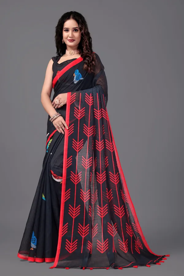 Black__Printed_Linen_Saree_With_Unstitched_Blouse_Piece_For_Women