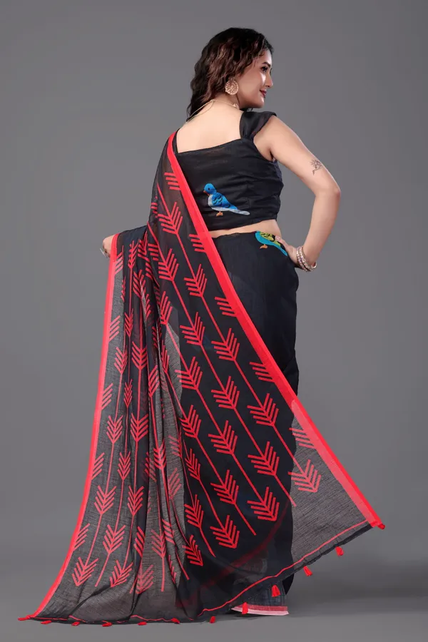 Black__Printed_Linen_Saree_With_Unstitched_Blouse_Piece_For_Women
