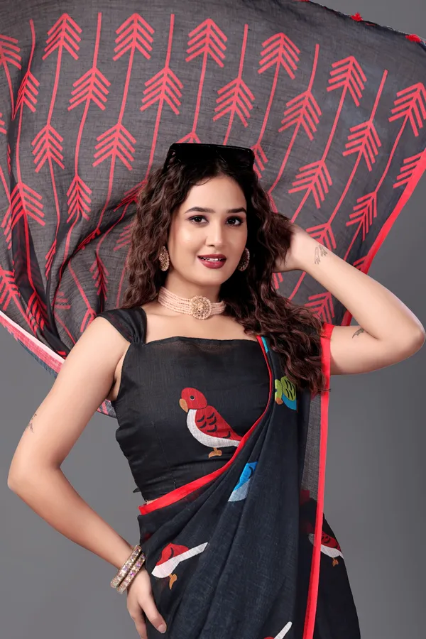 Black__Printed_Linen_Saree_With_Unstitched_Blouse_Piece_For_Women
