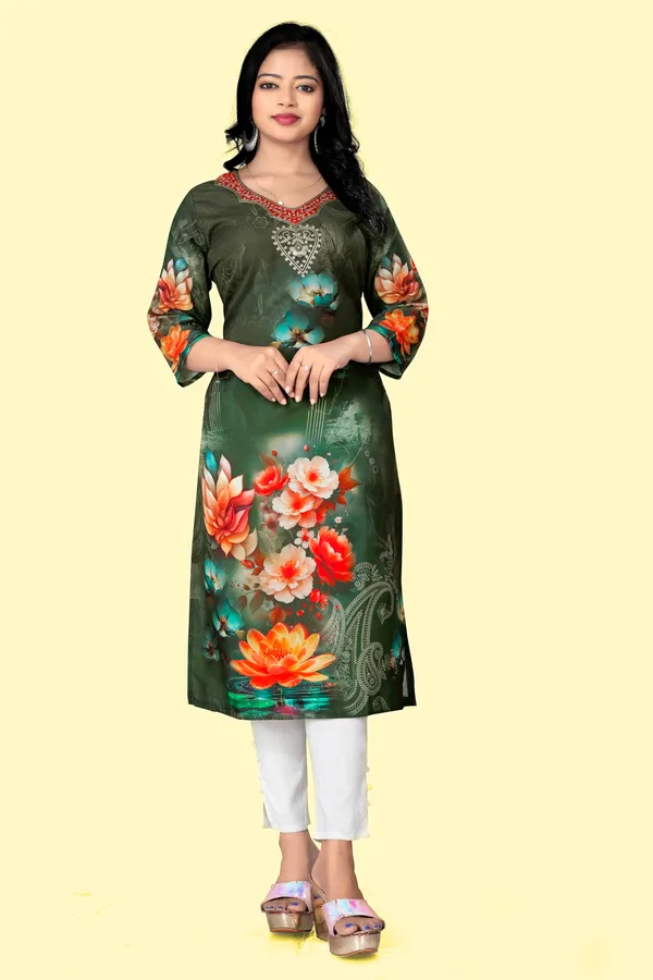 Mehandi_Floral_Printed_Thread_Work_Straight_Kurta_For_Women
