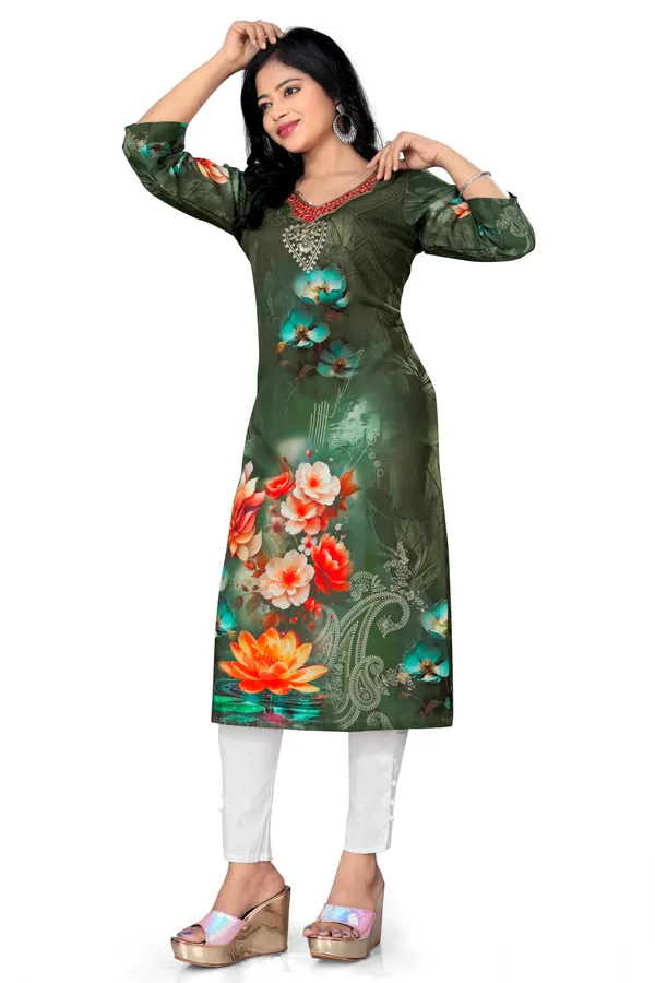 Mehandi_Floral_Printed_Thread_Work_Straight_Kurta_For_Women