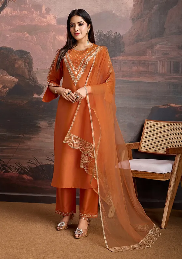 Mustard_Embroidery_Printed_Thread_Work_Straight_Kurta_Pant_With_Dupatta_For_Women