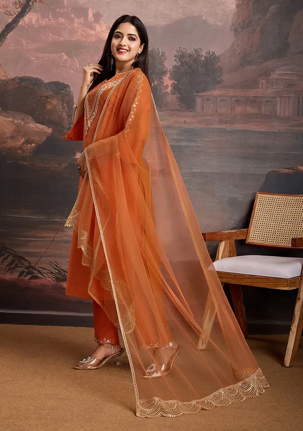 Mustard_Embroidery_Printed_Thread_Work_Straight_Kurta_Pant_With_Dupatta_For_Women