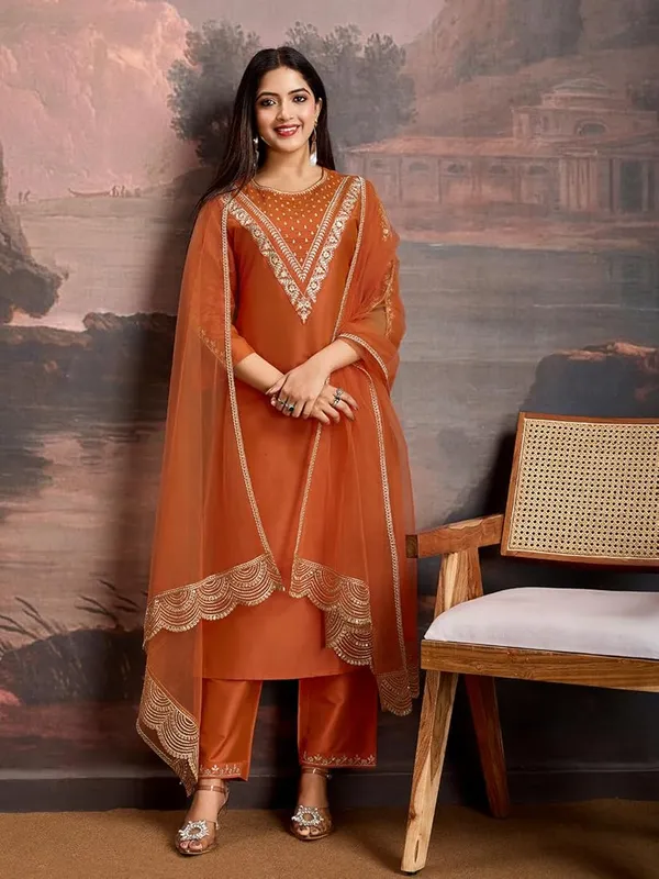 Mustard_Embroidery_Printed_Thread_Work_Straight_Kurta_Pant_With_Dupatta_For_Women