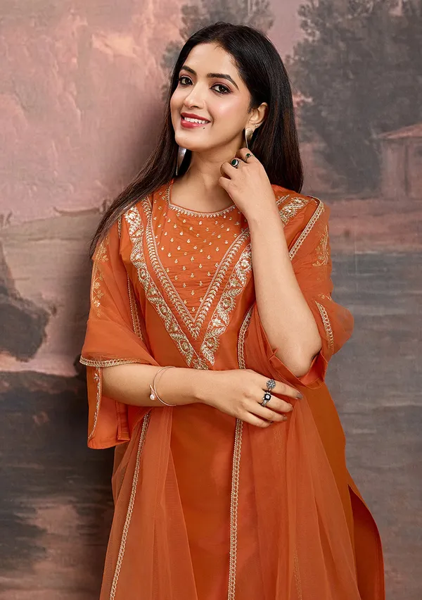 Mustard_Embroidery_Printed_Thread_Work_Straight_Kurta_Pant_With_Dupatta_For_Women