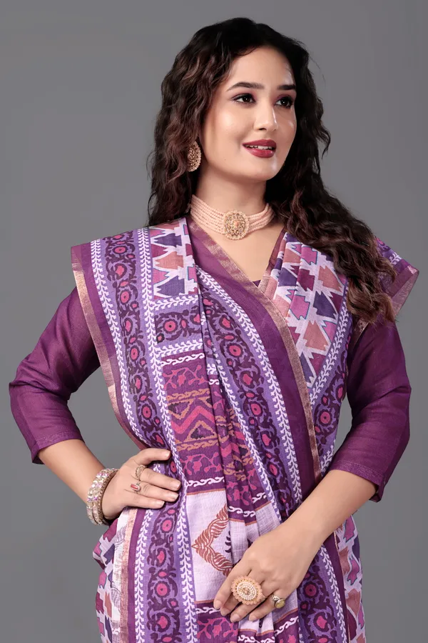 Wine__Printed_Linen_Saree_With_Unstitched_Blouse_Piece_For_Women