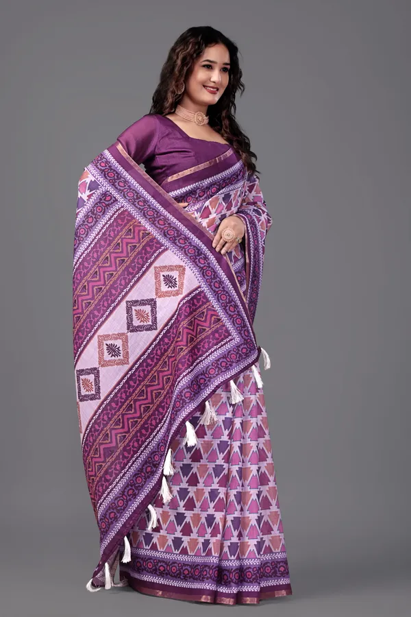 Wine__Printed_Linen_Saree_With_Unstitched_Blouse_Piece_For_Women