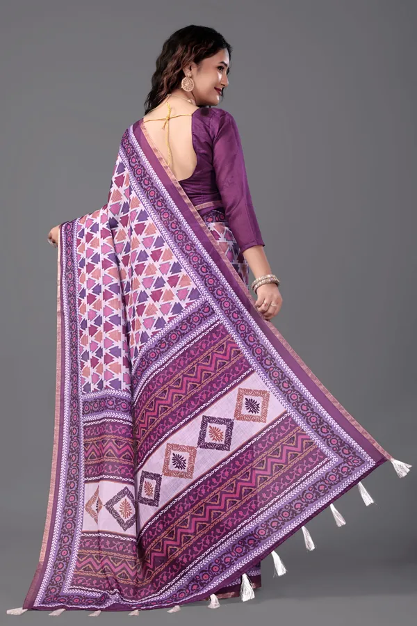 Wine__Printed_Linen_Saree_With_Unstitched_Blouse_Piece_For_Women