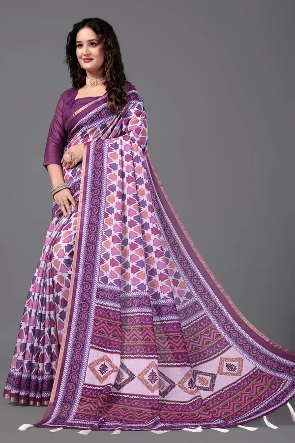 Wine__Printed_Linen_Saree_With_Unstitched_Blouse_Piece_For_Women