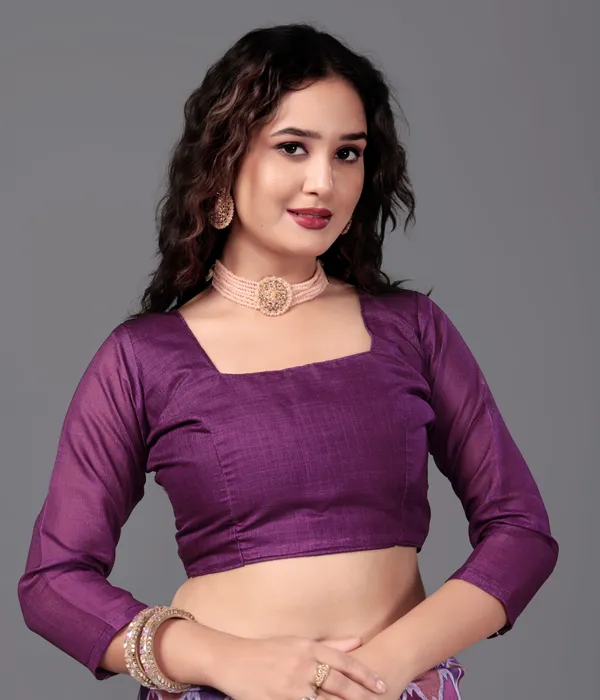 Wine__Printed_Linen_Saree_With_Unstitched_Blouse_Piece_For_Women