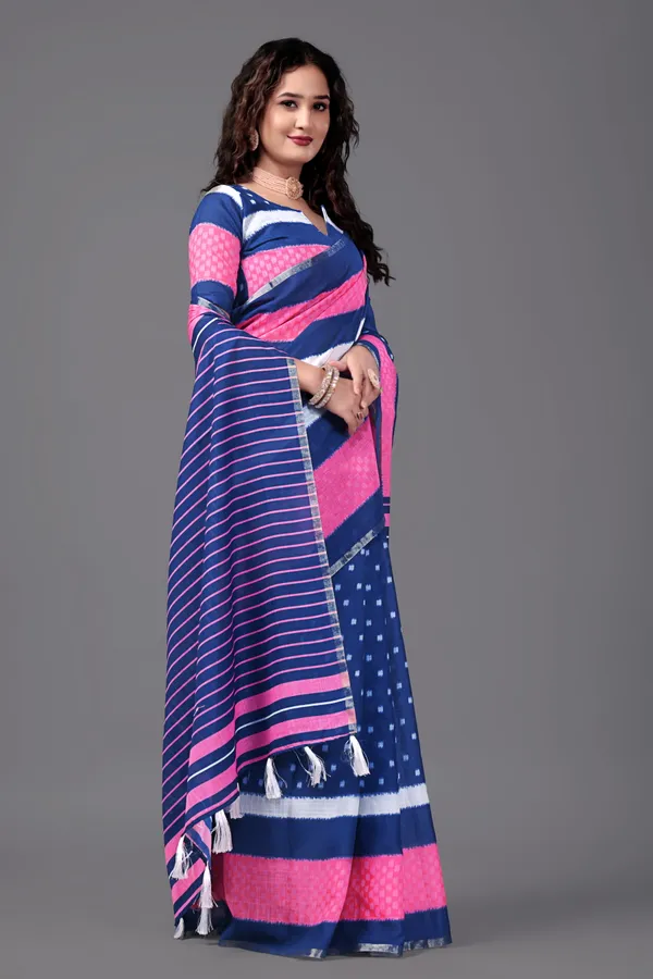Rblue__Printed_Linen_Saree_With_Unstitched_Blouse_Piece_For_Women