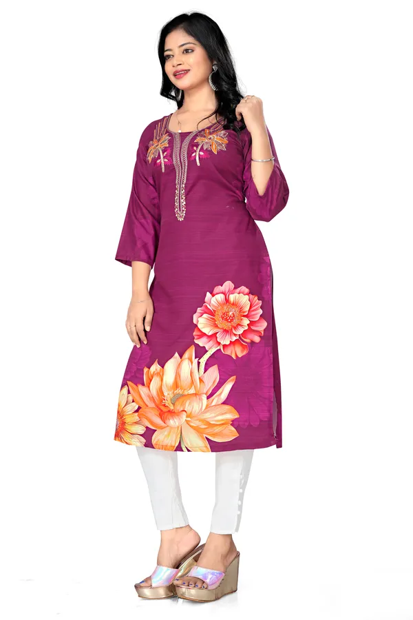 Wine_Floral_Printed_Thread_Work_Straight_Kurta_For_Women