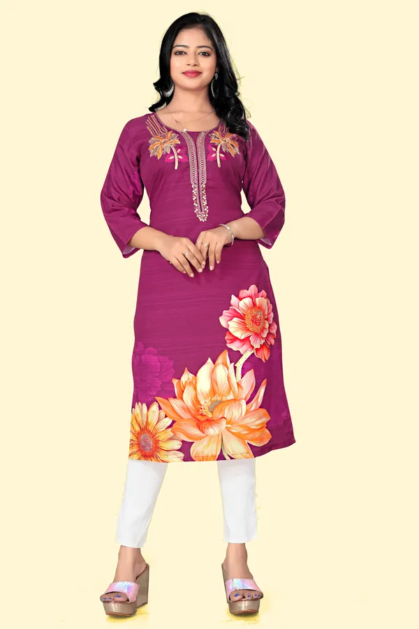 Wine_Floral_Printed_Thread_Work_Straight_Kurta_For_Women