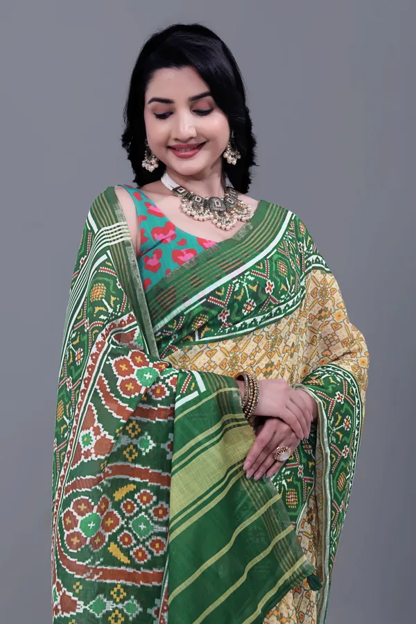 Multicolor__Printed_Linen_Saree_With_Unstitched_Blouse_Piece_For_Women