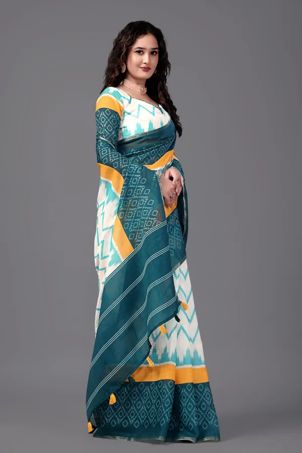 White__Printed_Linen_Saree_With_Unstitched_Blouse_Piece_For_Women