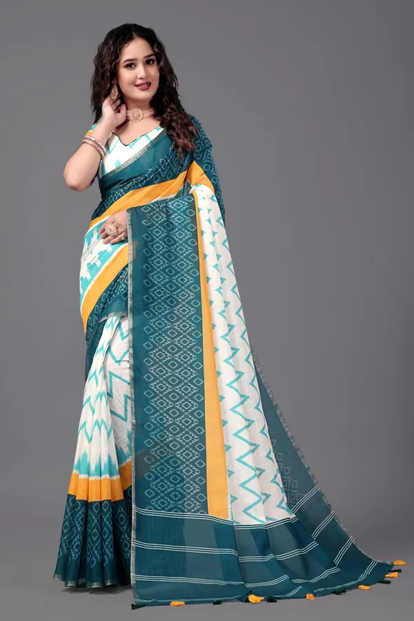 White__Printed_Linen_Saree_With_Unstitched_Blouse_Piece_For_Women