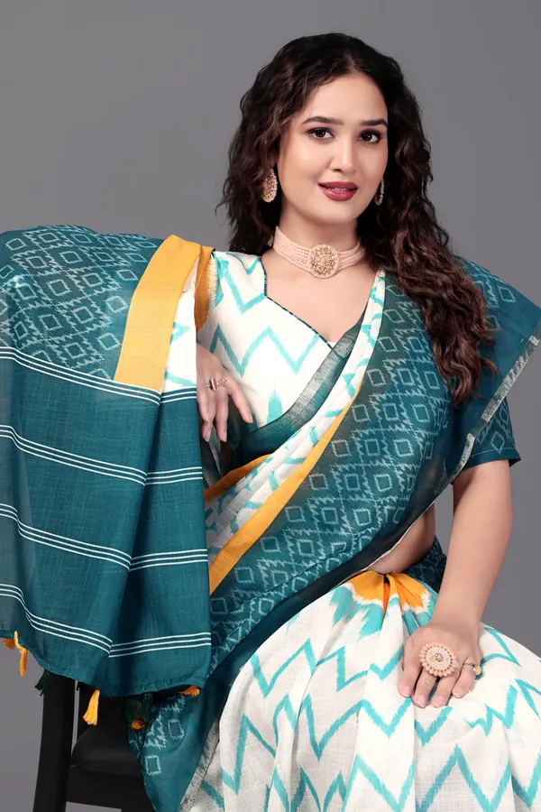 White__Printed_Linen_Saree_With_Unstitched_Blouse_Piece_For_Women