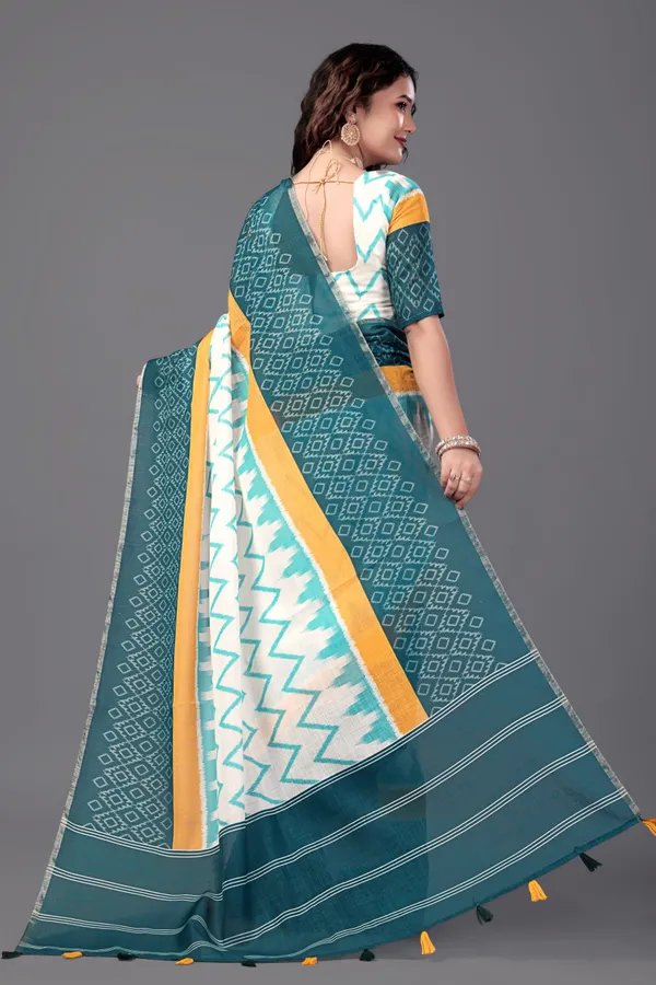 White__Printed_Linen_Saree_With_Unstitched_Blouse_Piece_For_Women