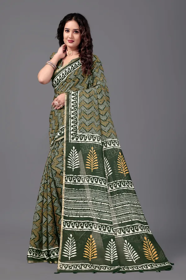 Green__Printed_Linen_Saree_With_Unstitched_Blouse_Piece_For_Women