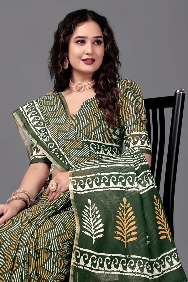 Green__Printed_Linen_Saree_With_Unstitched_Blouse_Piece_For_Women