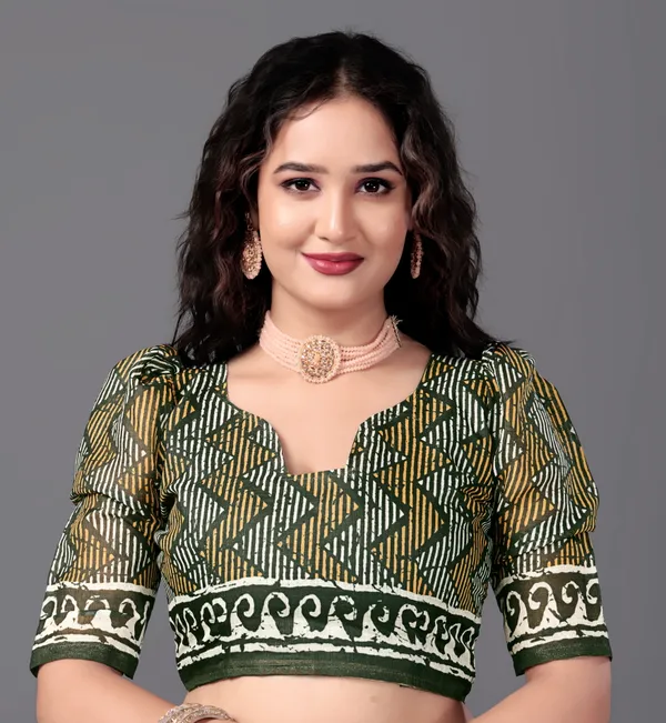 Green__Printed_Linen_Saree_With_Unstitched_Blouse_Piece_For_Women