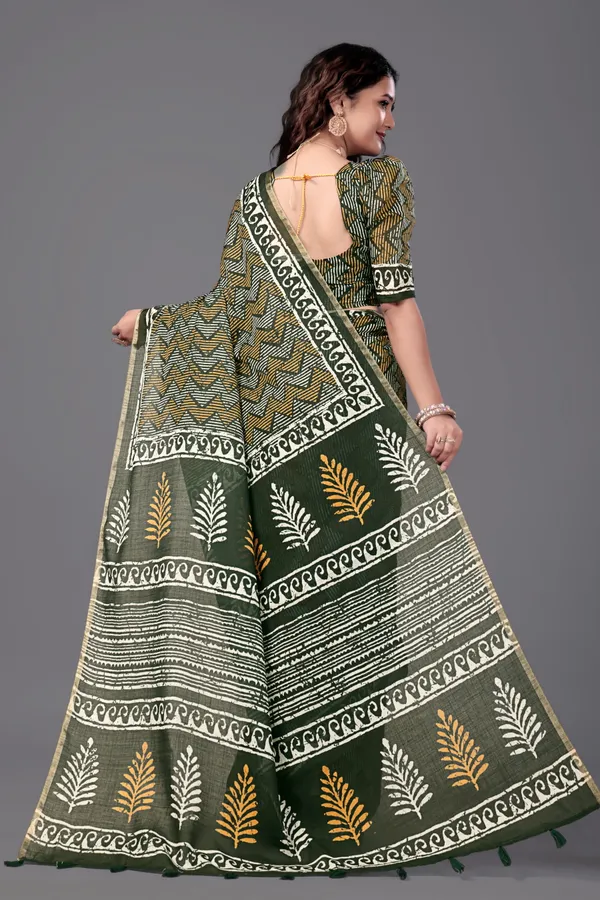 Green__Printed_Linen_Saree_With_Unstitched_Blouse_Piece_For_Women