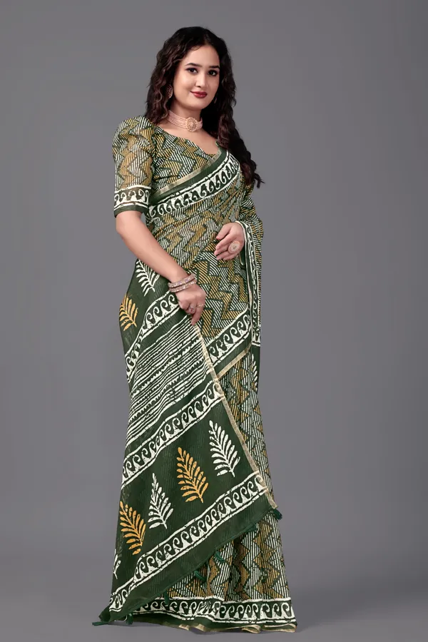 Green__Printed_Linen_Saree_With_Unstitched_Blouse_Piece_For_Women