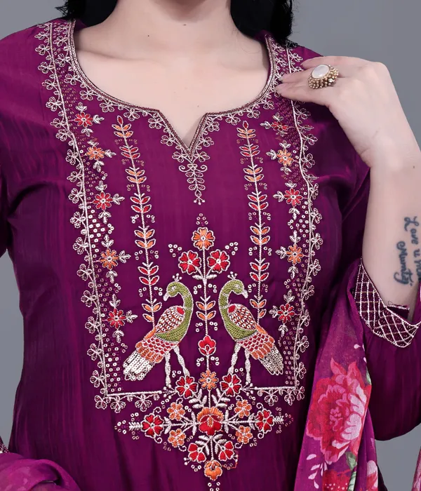Wine_Ethnic_Motifs_Embroidered_Round_Neck_Viscose_Rayon_Straight_Kurta_With_Trousers_&_Dupatta_For_Women