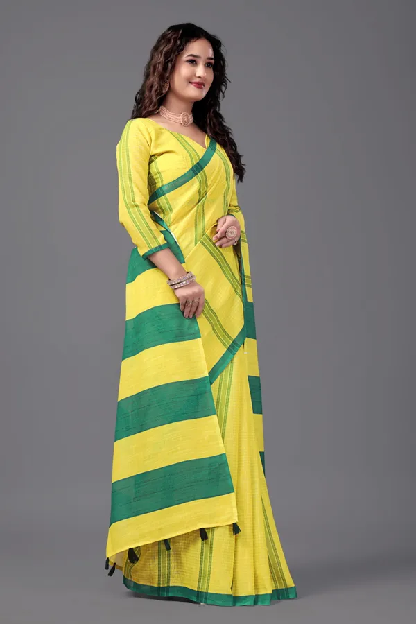 Yellow__Printed_Linen_Saree_With_Unstitched_Blouse_Piece_For_Women
