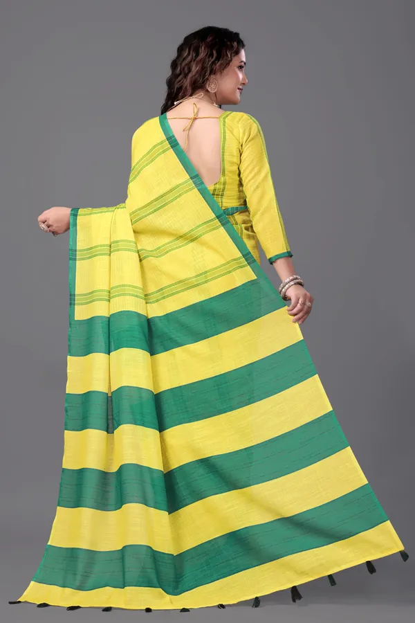 Yellow__Printed_Linen_Saree_With_Unstitched_Blouse_Piece_For_Women