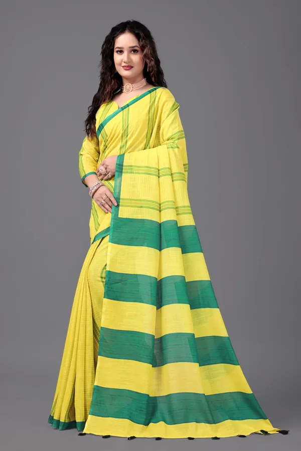 Yellow__Printed_Linen_Saree_With_Unstitched_Blouse_Piece_For_Women