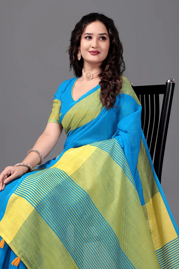 Blue__Printed_Linen_Saree_With_Unstitched_Blouse_Piece_For_Women