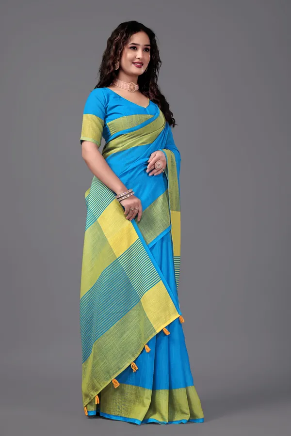Blue__Printed_Linen_Saree_With_Unstitched_Blouse_Piece_For_Women
