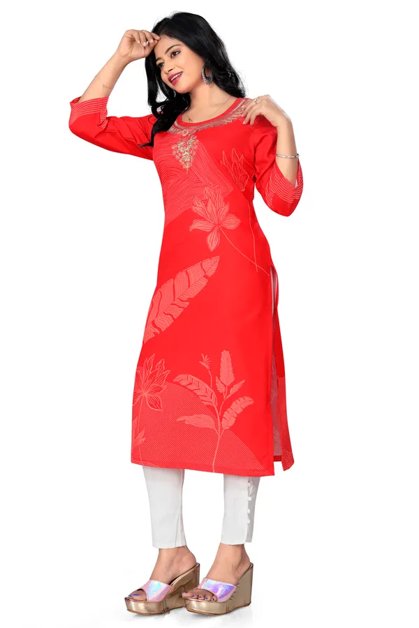 Orange_Floral_Printed_Thread_Work_Straight_Kurta_For_Women