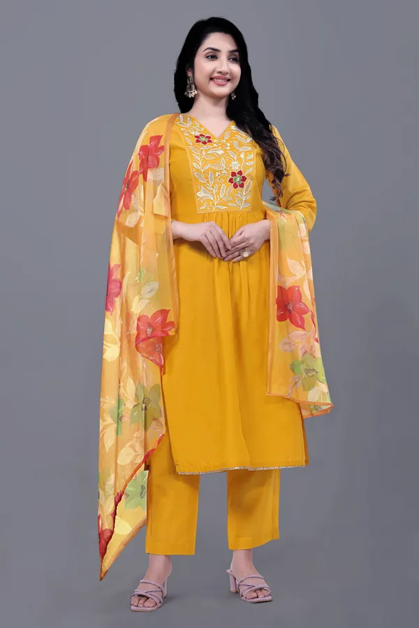 Yellow_Ethnic_Motifs_Embroidered_Kurta_With_Trousers_&_Dupatta_For_Women