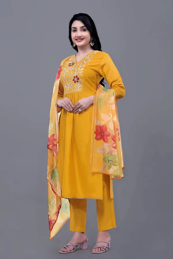 Yellow_Ethnic_Motifs_Embroidered_Kurta_With_Trousers_&_Dupatta_For_Women
