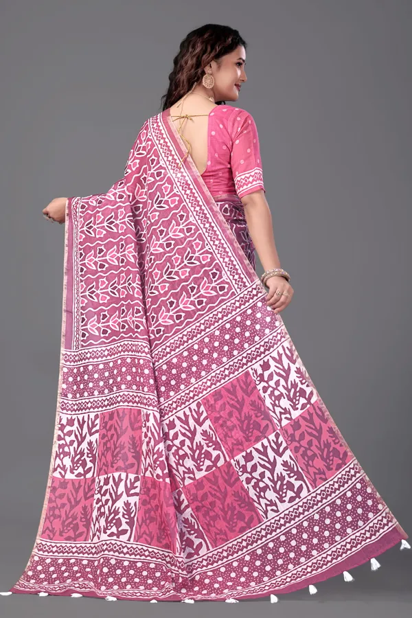 Pink__Printed_Linen_Saree_With_Unstitched_Blouse_Piece_For_Women