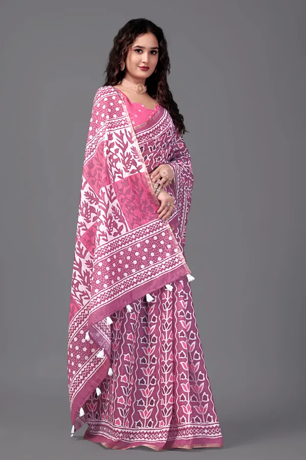 Pink__Printed_Linen_Saree_With_Unstitched_Blouse_Piece_For_Women