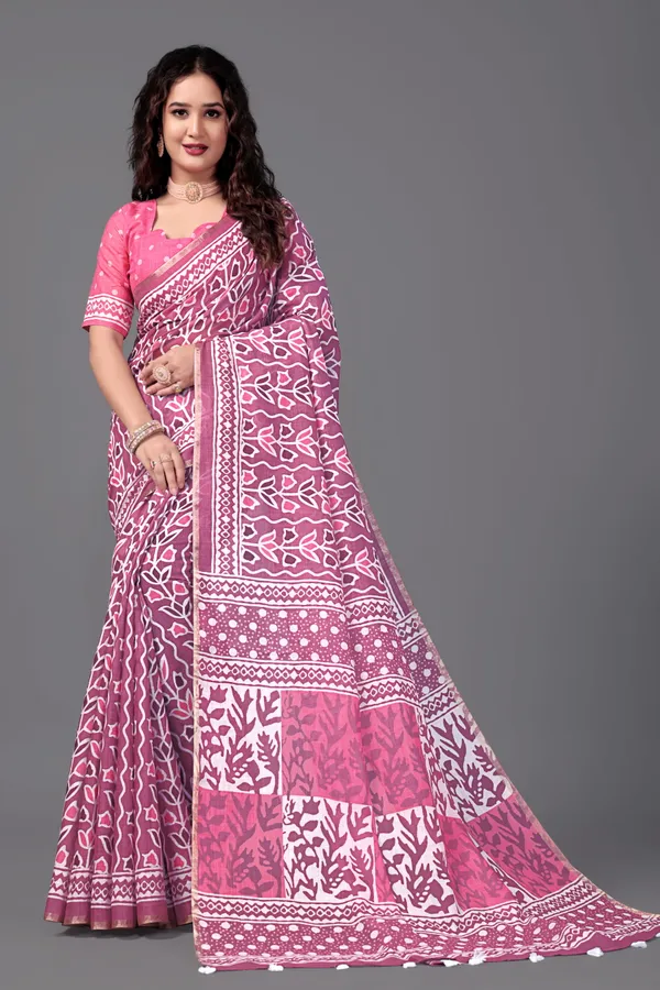 Pink__Printed_Linen_Saree_With_Unstitched_Blouse_Piece_For_Women
