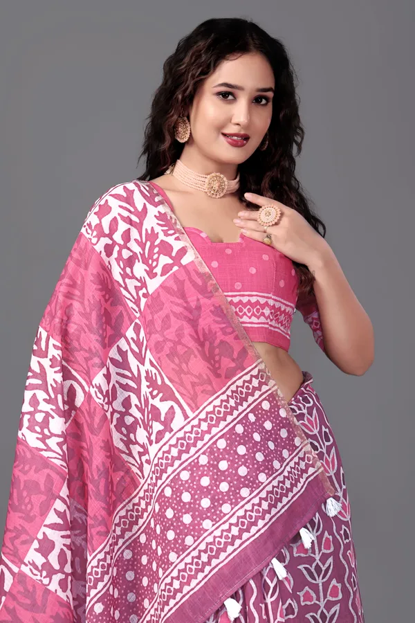 Pink__Printed_Linen_Saree_With_Unstitched_Blouse_Piece_For_Women