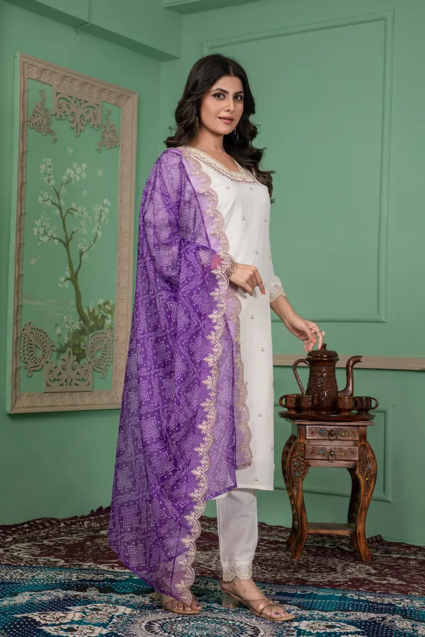 White_Floral_Embroidered_Thread_Work_Square_Neck_Straight_Kurta_With_Trouser_&_Dupatta_For_Women