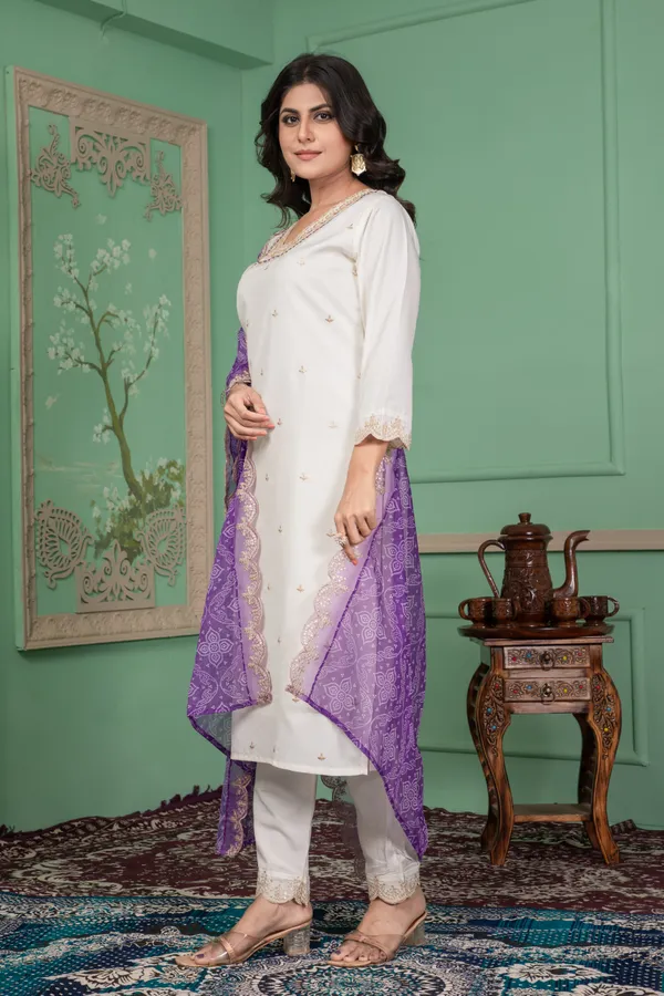 White_Floral_Embroidered_Thread_Work_Square_Neck_Straight_Kurta_With_Trouser_&_Dupatta_For_Women