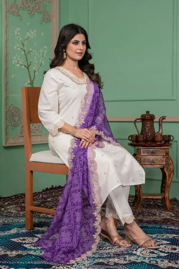 White_Floral_Embroidered_Thread_Work_Square_Neck_Straight_Kurta_With_Trouser_&_Dupatta_For_Women