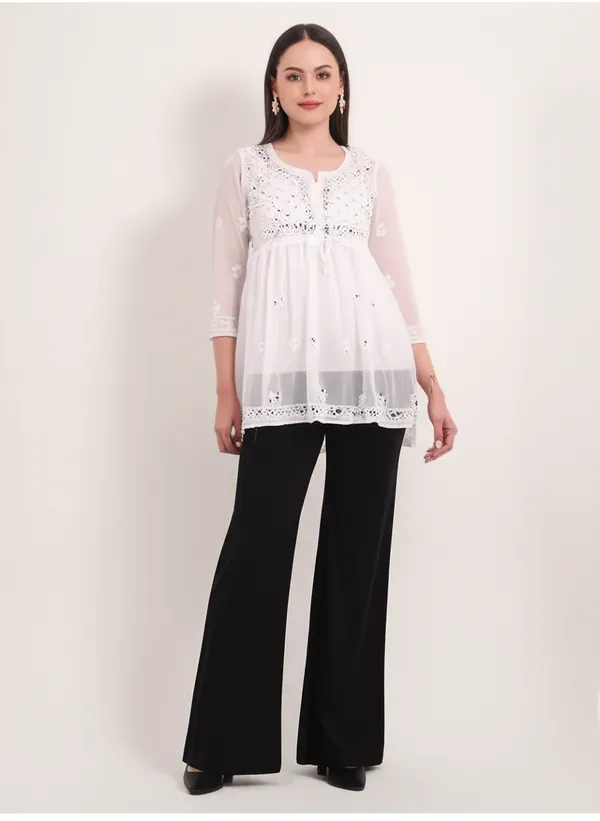 White_Dobby_Cotton_Regular_Fit_Short_Kurti_For_Women