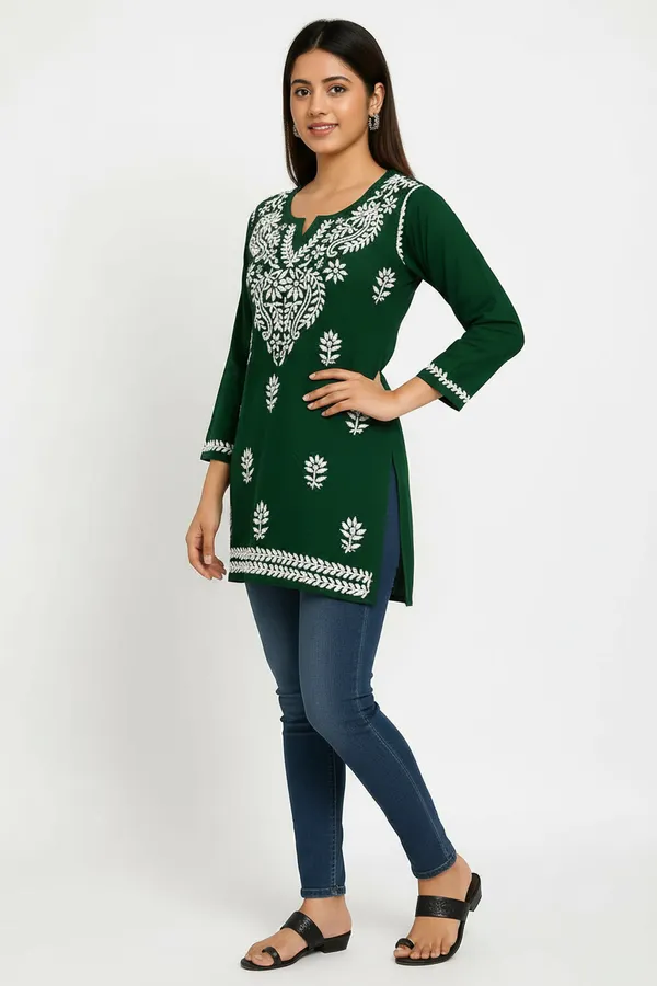 Bottle_Green_Rayon_Regular_Fit_Short_Top_For_Women