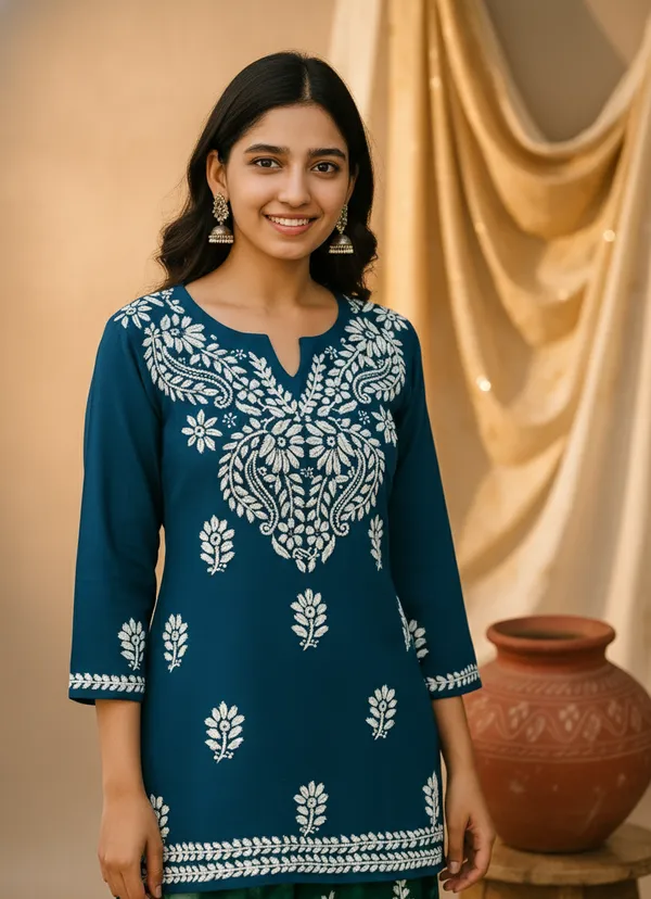 Peacock_Blue_Rayon_Regular_Fit_Short_Top_For_Women