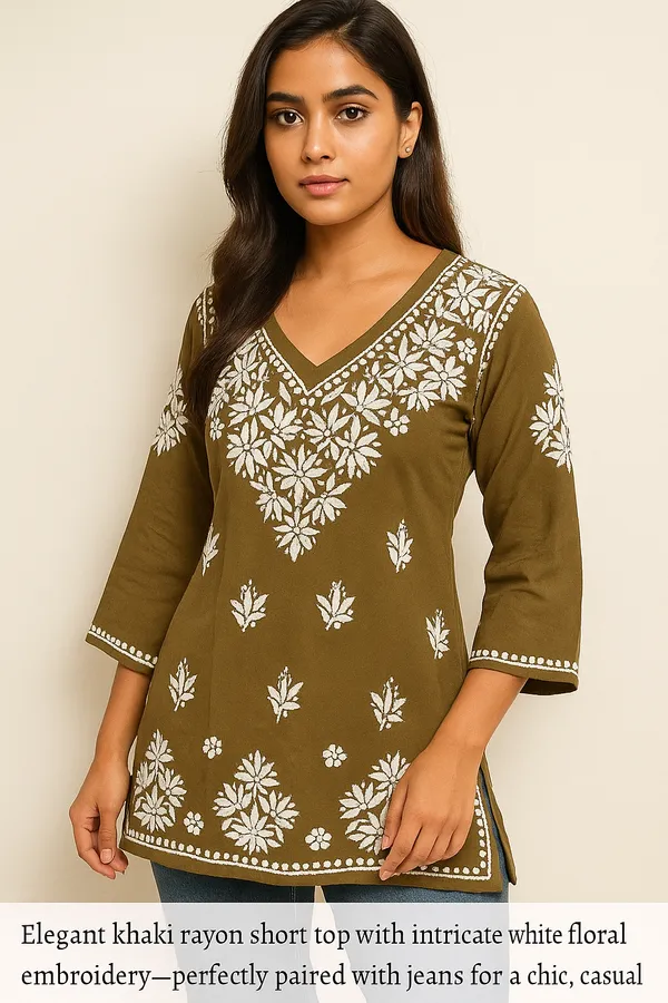 Khaki_Green_Rayon_Regular_Fit_Short_Top_For_Women